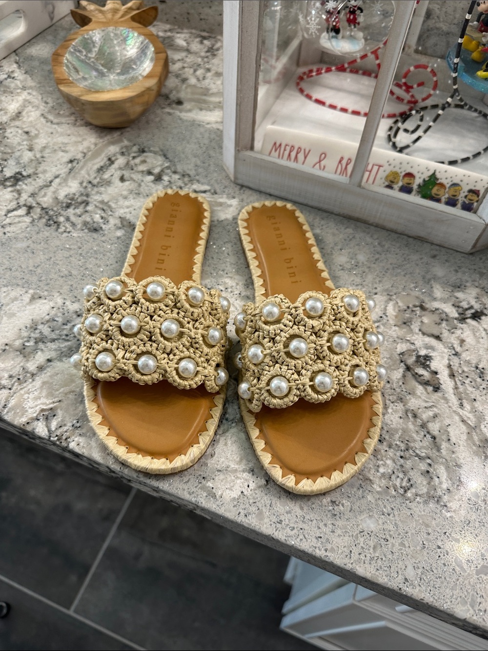 New Beaded Crochet Slide Sandals - Natural Pearl Accent